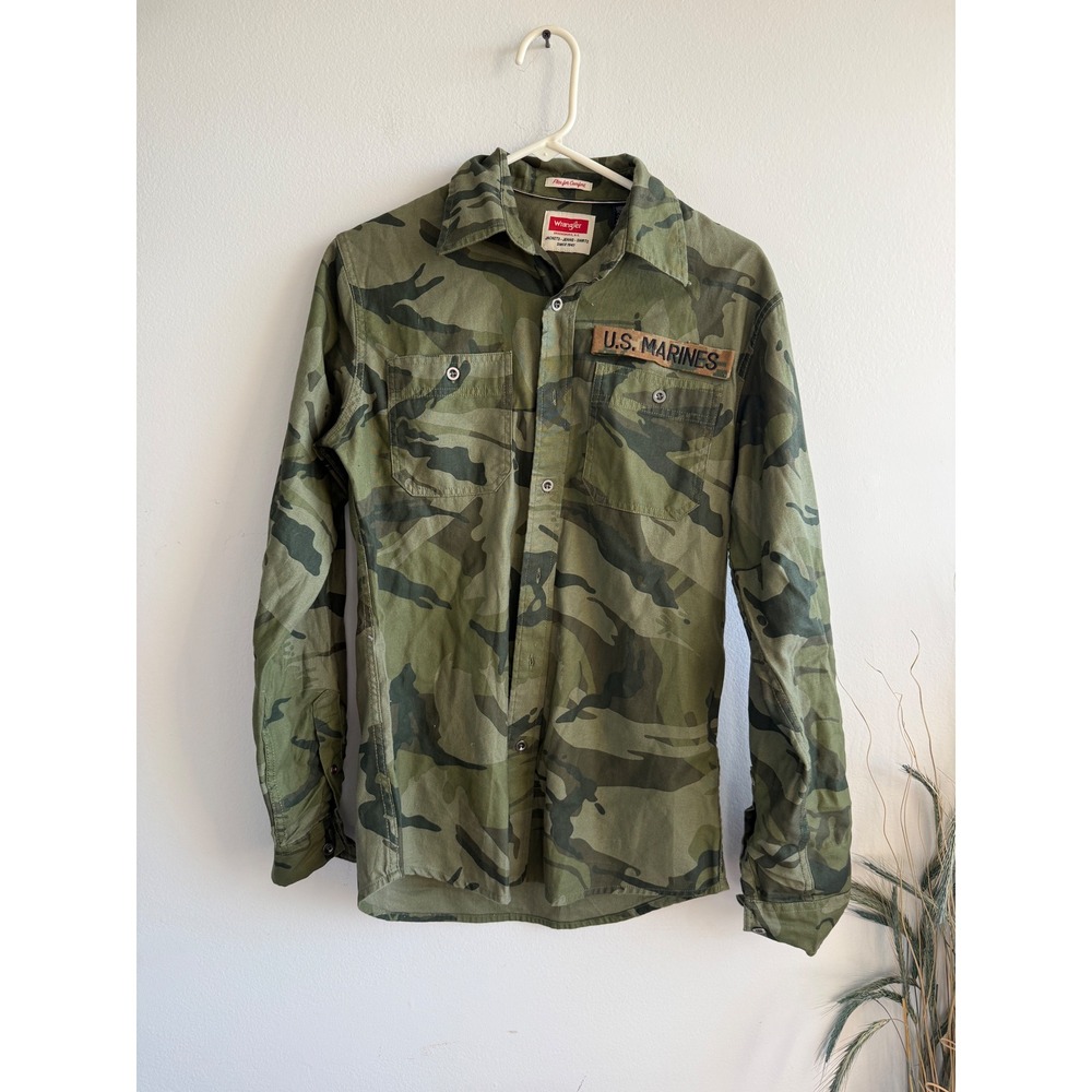 Wrangler Mens Camo U.S. Marines Patch Utility Shirt Flex for Comfort Small Green